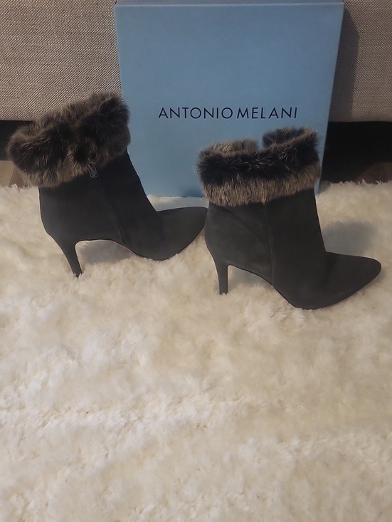 ANTONIO MELANI Shoes - ANTONIO MELANI🩶 "KYLAN" Charcoal Gray Faux-Fur Trim Stiletto Heel Booties